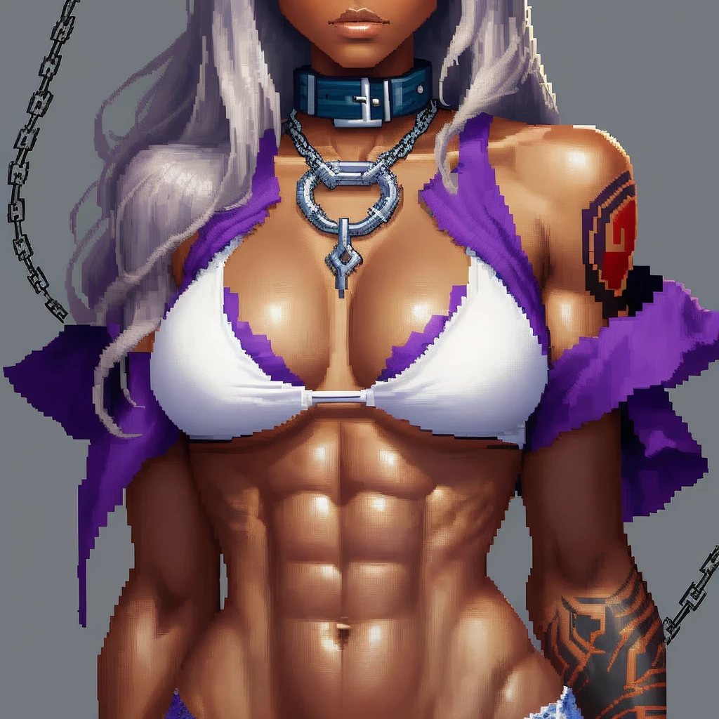 ((pixel art))((1 girl)) whole body, standing, gray skin, drow, elf, maduro, purple eyes, by white, black bikini, ABS, Large knockers, tattered rags, chain collar, stomach tattoo (red tattoo)