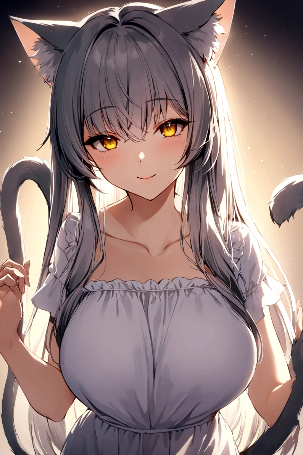 ((masterpiece)), ((best quality)), (from front, facing front:1.32), (close-up:1.2), (half-body shot:1.36), (side bangs hairstyle), perfect anatomy, 1girl, solo, adult cat girl, long gray straight hair, yellow round eyes, gray cat ears, gray fluffy cat tail, basic short-sleeved loose white dress, smiling, looking at viewers