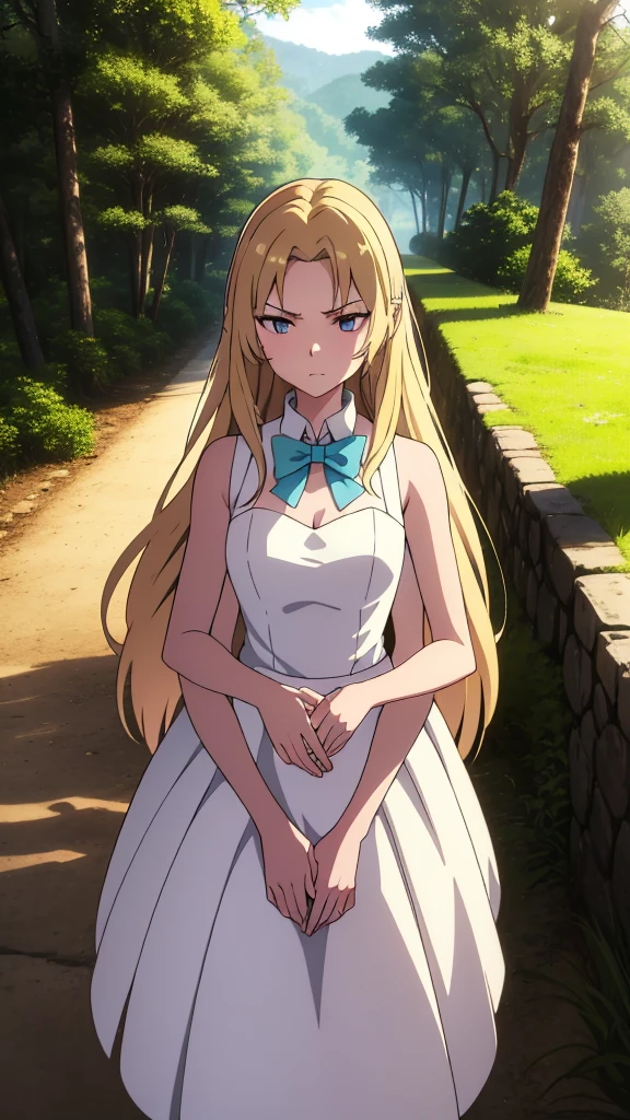 at day, best lighting and shadow, amazing quality, very beautiful color, delicate face, cinematic lighting,(1girl,20 years old,mature female),blonde hair,long hair,white dress, sleeveless, bow tie, bare shoulders,cleavage,walking in a forest,from above,extra arms,four arms,angry,upper body