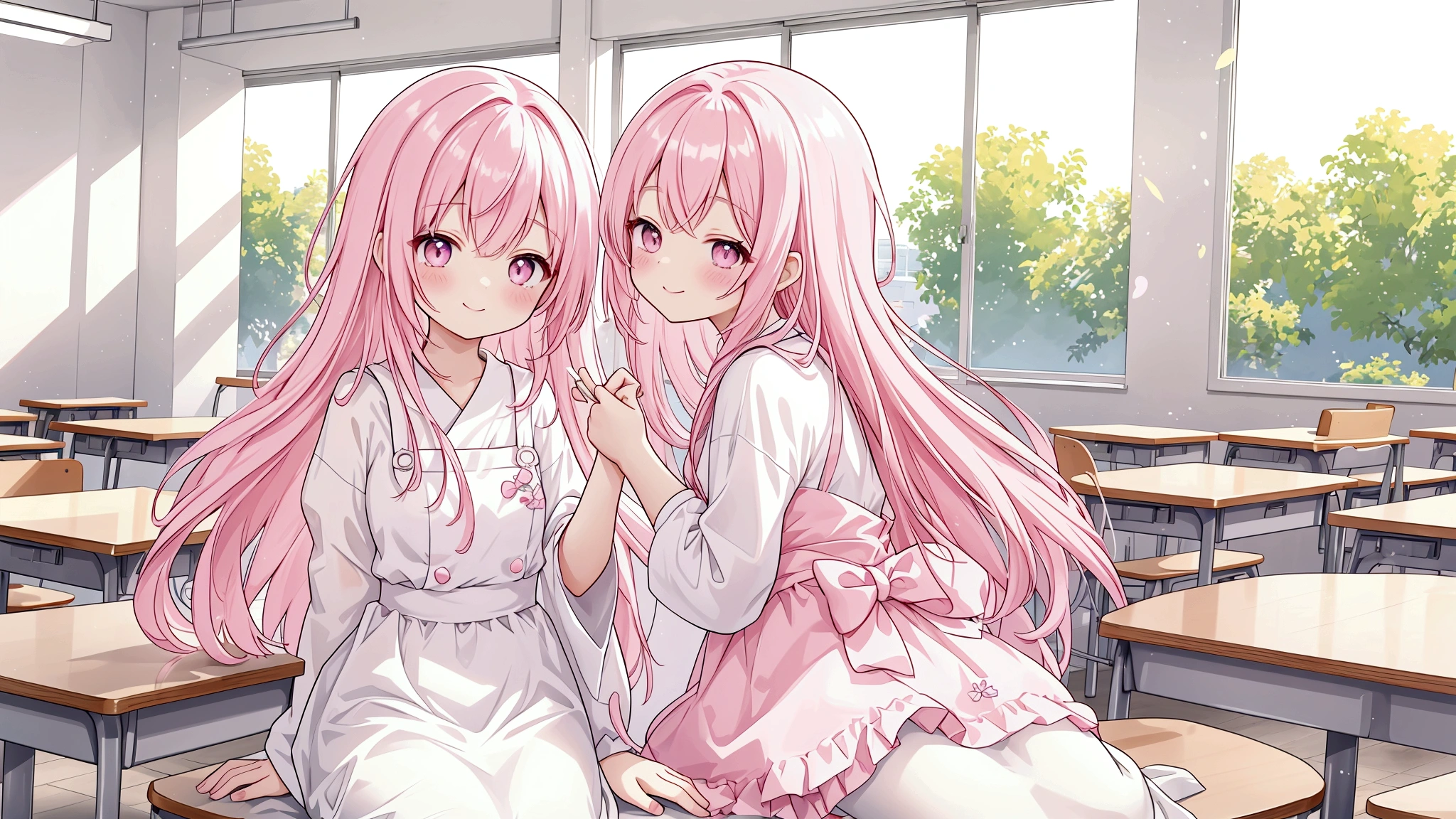 background: Soft pastel colours as the base、backgroundは無地で キャラクター: Pink haired girl in a white dress、They seem to be having fun in the classroom and at the cafe.。Smiling with sweets in hand。 atmosphere: It's like a snapshot of youth pursuing love and dreams.、A glittering, sparkling image。
