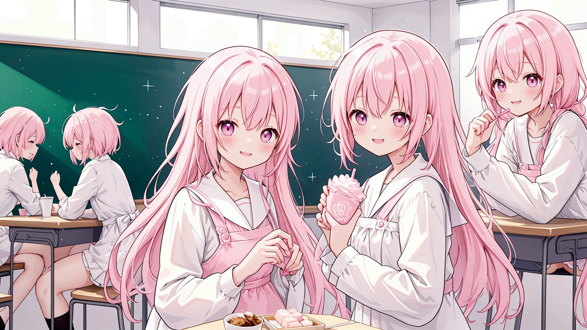 background: Soft pastel colours as the base、backgroundは無地で キャラクター: Pink haired girl in a white dress、They seem to be having fun in the classroom and at the cafe.。Smiling with sweets in hand。 atmosphere: It's like a snapshot of youth pursuing love and dreams.、A glittering, sparkling image。