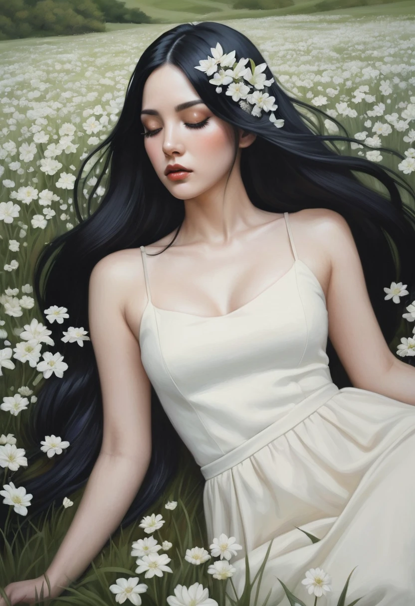  (oil painting:1.5),
\\
a woman with long black hair and white flowers in her hair is laying down in a field of white flowers, (amy sol:0.248), (stanley artgerm lau:0.106), (a detailed painting:0.353), (gothic art:0.106)