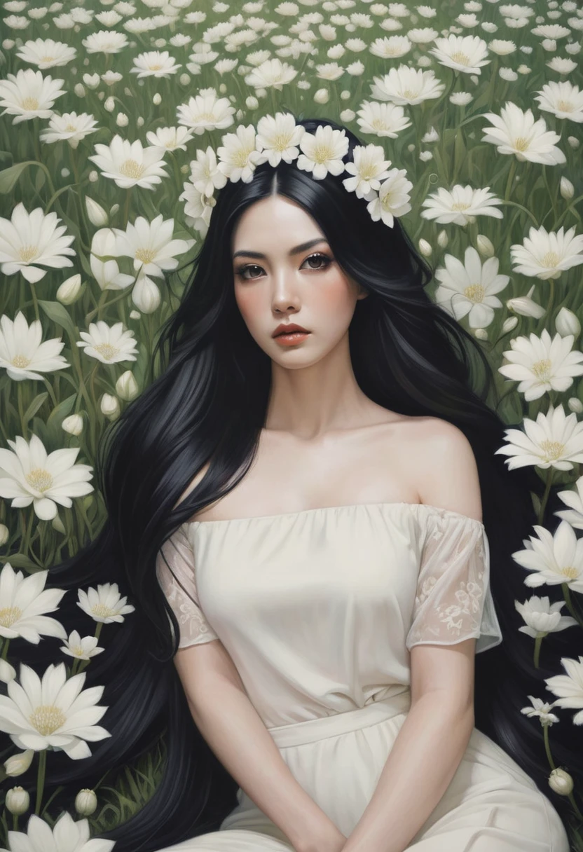 (oil painting:1.5),
\\
a woman with long black hair and white flowers in her hair is laying down in a field of white flowers, (amy sol:0.248), (stanley artgerm lau:0.106), (a detailed painting:0.353), (gothic art:0.106)