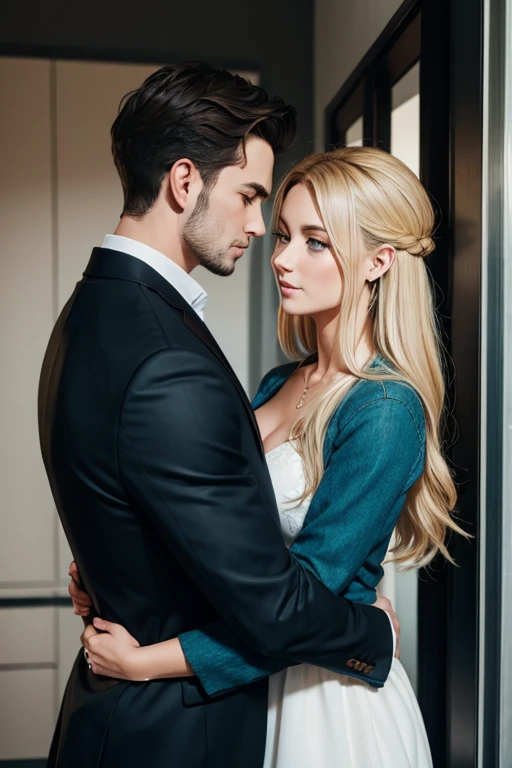 Couple hugging, blonde woman, blue eyes, red dress, man, black hair, green eyes, black jacket