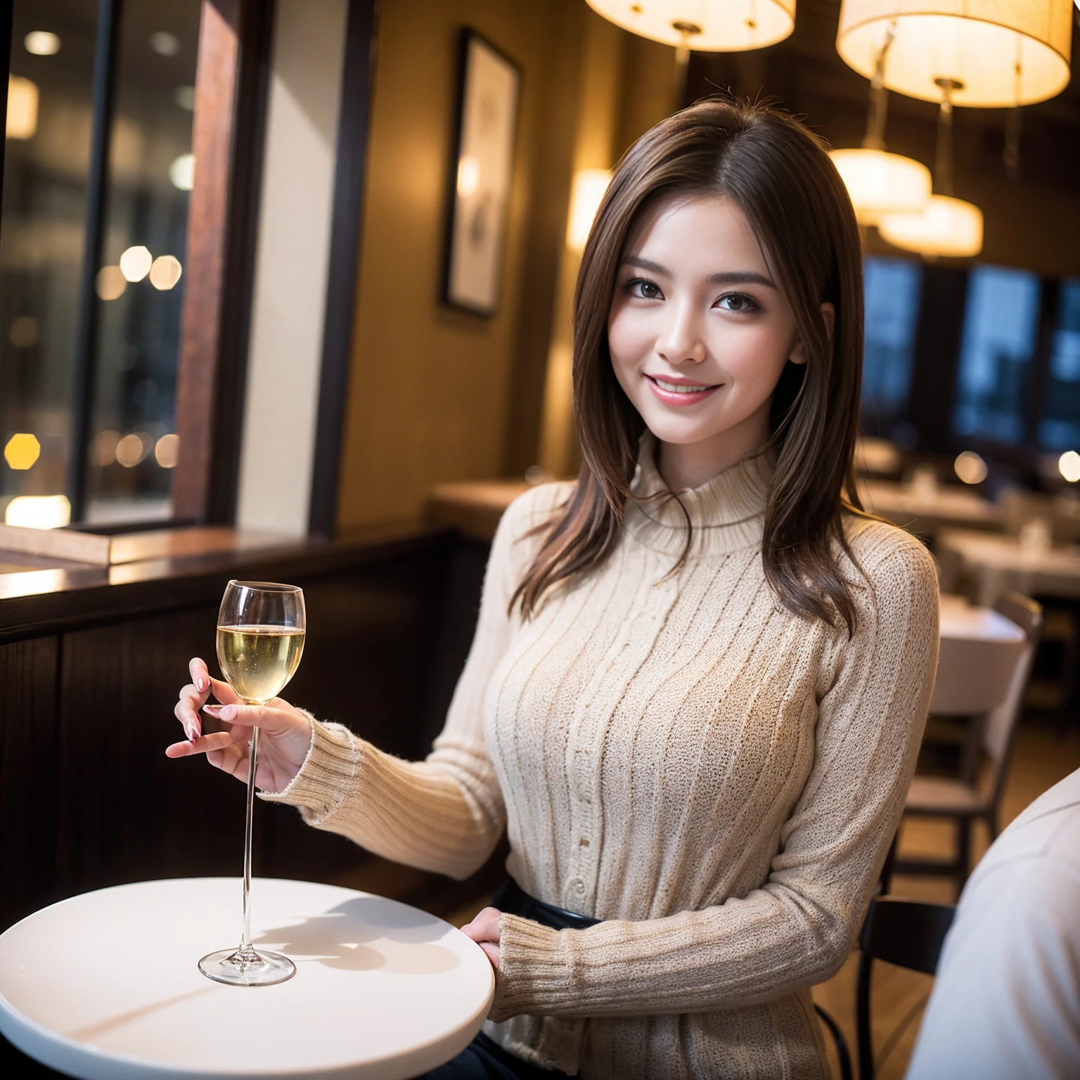 ((Highest quality、8K、masterpiece:1.3))、slimカップル、Pink rubber、modelカップル、(Realistic, Intricate details:1.2), full-course dinner、Wine Party、Amazing view of the sunset sky and clouds、A bright smile、The wonderfulness of smile、Bright image、The beauty of wine, Beautiful Face, blue eyes, The light shines on your face, Blushing, short hair,Bright Face、 (Age 37), 39 years old, red wine 、Appetizers、Italian food、Wine bottle、Champagne、sparkling wine、Two beauties、Brown Hair、Shortcuts、Long sleeve shirt、dress、Beautiful woman 1, (slimな顔), (The body is slim), (Brown Hair), (Shortcuts), cheeks turn a little red,Attractive beauty、restaurant, In a prominent place (From the waist up) Nova Frog Style, actress, model, Upper Body, White wine, slim, wine glass, 中央に置かれたwine glass, smile, (smile: 1.15), Beautiful fine grain, Depth f/2,saturation, High Contrast, Strong light and shadow,Moist Body:1.5、3D texture、Delicate eyes、Brown Hair、The hair is very shiny、