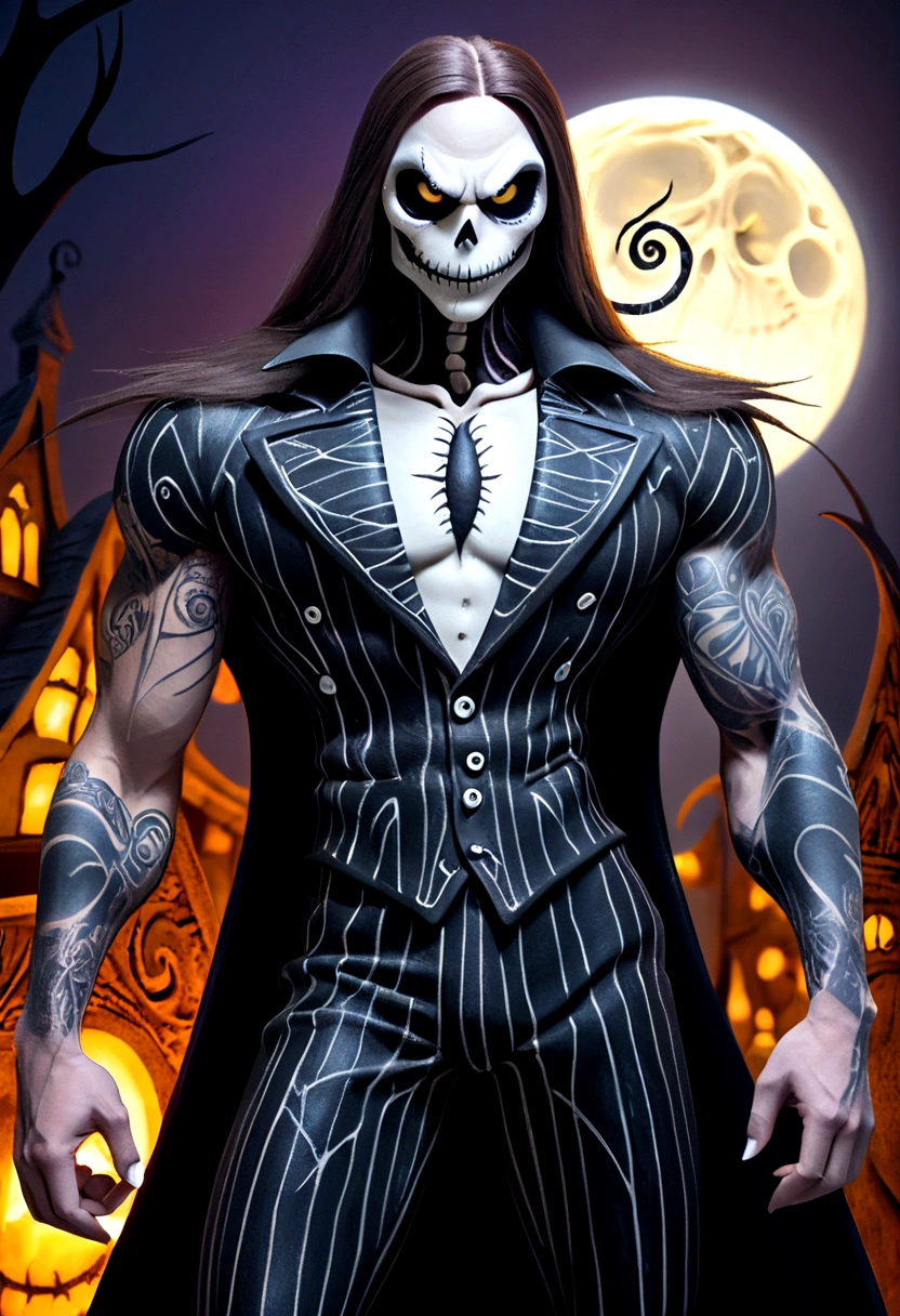 Create a hyper detailed photograph of a nightmare before Christmas tattooed muscular young sexy jack Skellington, Stunningly perfect gorgeous face, perfect makeup,detailed vibrant eyes, long hair, big beautiful muscular legs, big beautiful muscular arms, big back muscles, realistic torso, muscular abs, detailed smooth skin, big breast, big muscular ass,nightmare before Christmas
