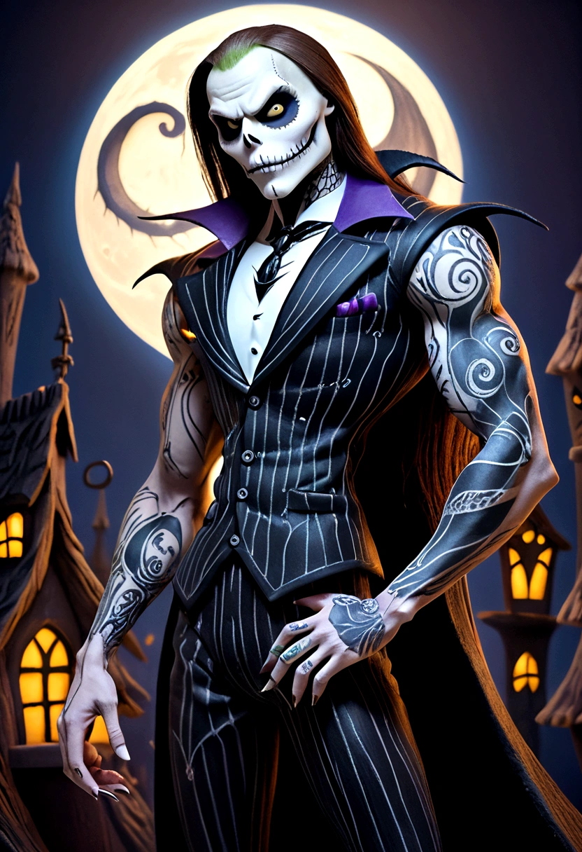 Create a hyper detailed photograph of a nightmare before Christmas tattooed muscular young sexy jack Skellington, Stunningly perfect gorgeous face, perfect makeup,detailed vibrant eyes, long hair, big beautiful muscular legs, big beautiful muscular arms, big back muscles, realistic torso, muscular abs, detailed smooth skin, big breast, big muscular ass,nightmare before Christmas