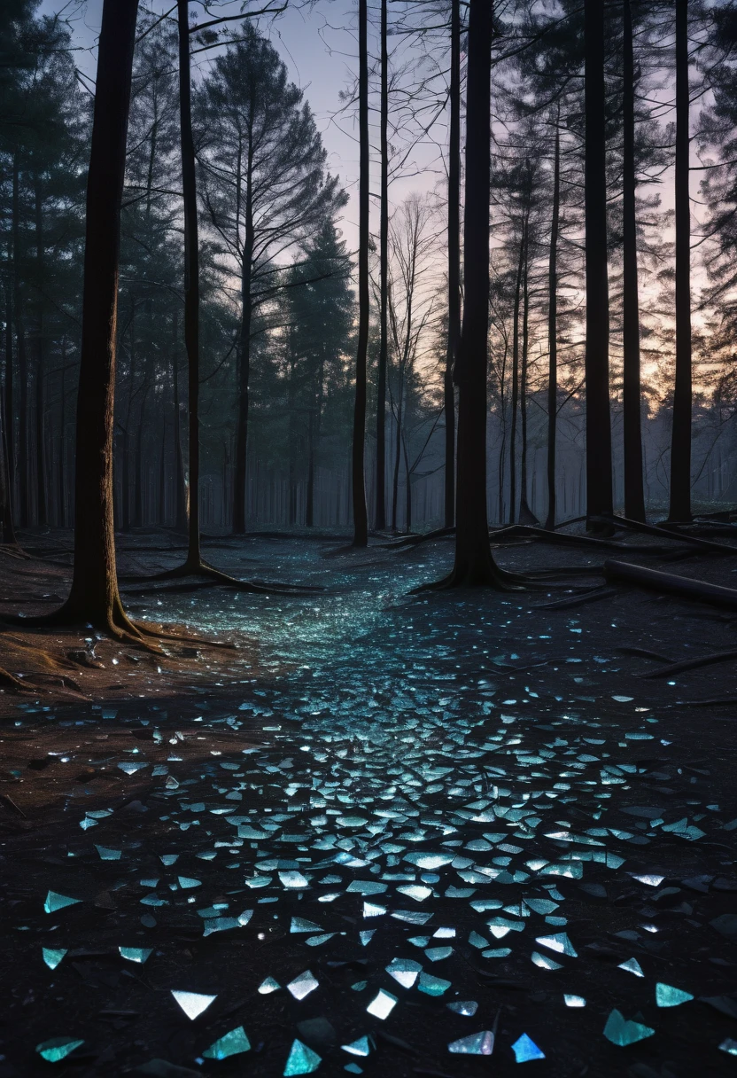 A shadowy forest at twilight, with fragments of broken glass scattered on the ground, symbolizing a shattered life