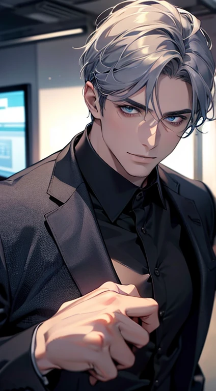 (best quality,4k,8k,highres,masterpiece:1.2),ultra-detailed,(realistic,photorealistic,photo-realistic:1.37),1 man,31 years old,mature man,very handsome,without expression,smile,short grey blue hair,blue eyes,penetrating gaze,perfect face without errors,imposing posture,businessman,office background,cinematic lighting,hdr image