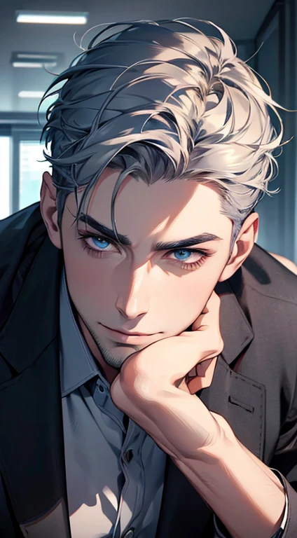 (best quality,4k,8k,highres,masterpiece:1.2),ultra-detailed,(realistic,photorealistic,photo-realistic:1.37),1 man,31 years old,mature man,very handsome,without expression,smile,short grey blue hair,blue eyes,penetrating gaze,perfect face without errors,imposing posture,businessman,office background,cinematic lighting,hdr image
