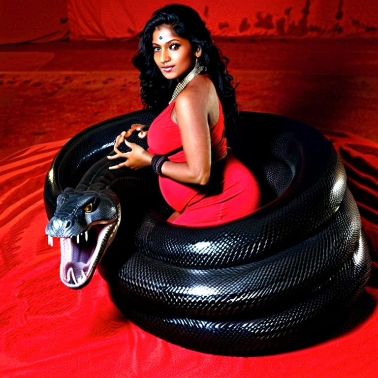 Topless pink panties Happy Horny, aroused 1girl), beautiful kneeling Indian young teen girl  with  giant colossal black titanboa squeezing her hard, wrapped in thick spiraling coils, constricted, struggle, gasping for air, snake attack, snake peril, moonless night, dim light