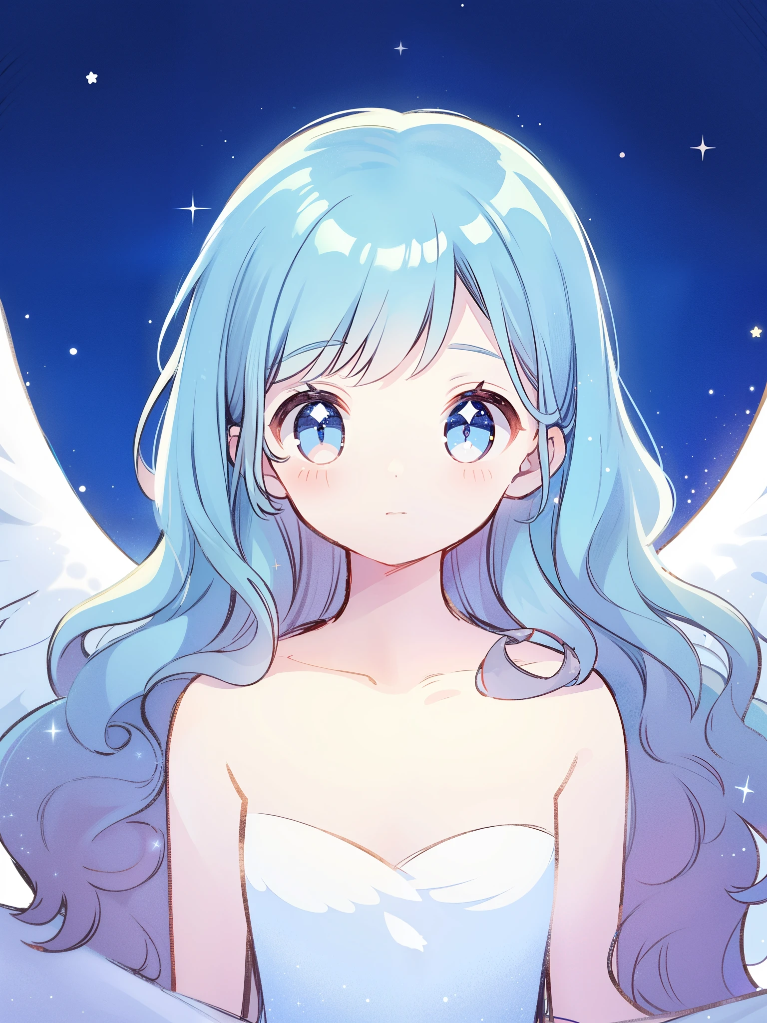 nude angel girl wearing an ethereal translucent dress, pale skin, ((blue mint wavy hair)), white feathers, angel wings, sparkling detailed eyes, golden ratio face, perfect composition, highly detailed, ethereal, (starry night sky background), midjourney style