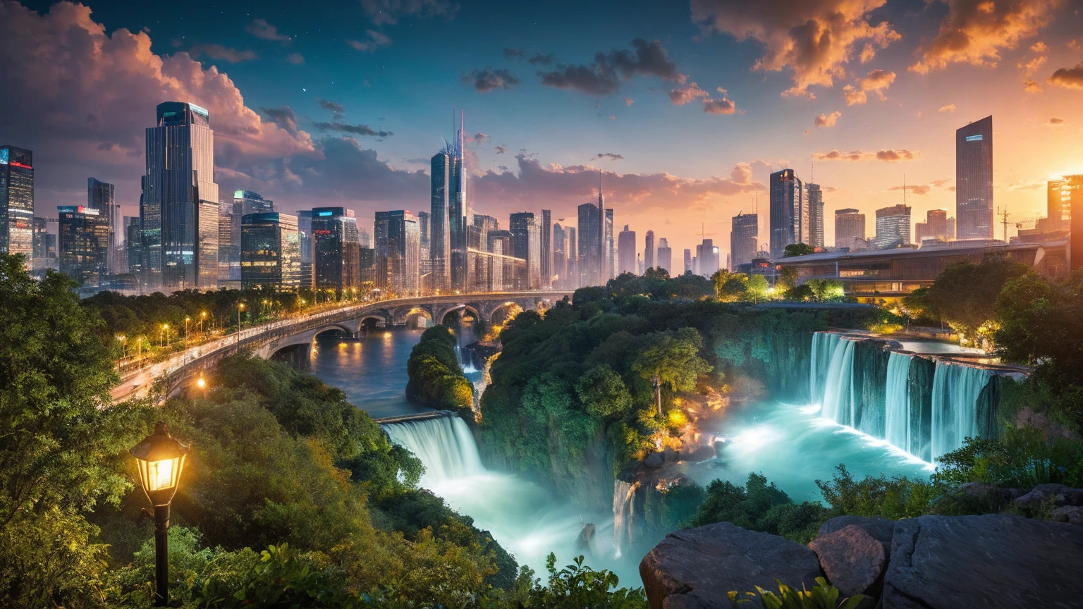 masterpiece, best quality, 16K UHD,
futuristic floating city,
contemplating the scenic beauty,
a girl in a futuristic outfit with short bobbed hair,
ultra-detailed, photo-realistic,
huge urban high-tech tablet platform,
advanced architecture blending seamlessly with nature,
surrounded by small airships and colorful lights,
transparent pathway leading to the building,
lush greenery and cascading waterfalls,
epic sunset illuminating the magnificent skyline,
sparkling river reflecting the vibrant colors,
minimalist design with harmony and sustainability,