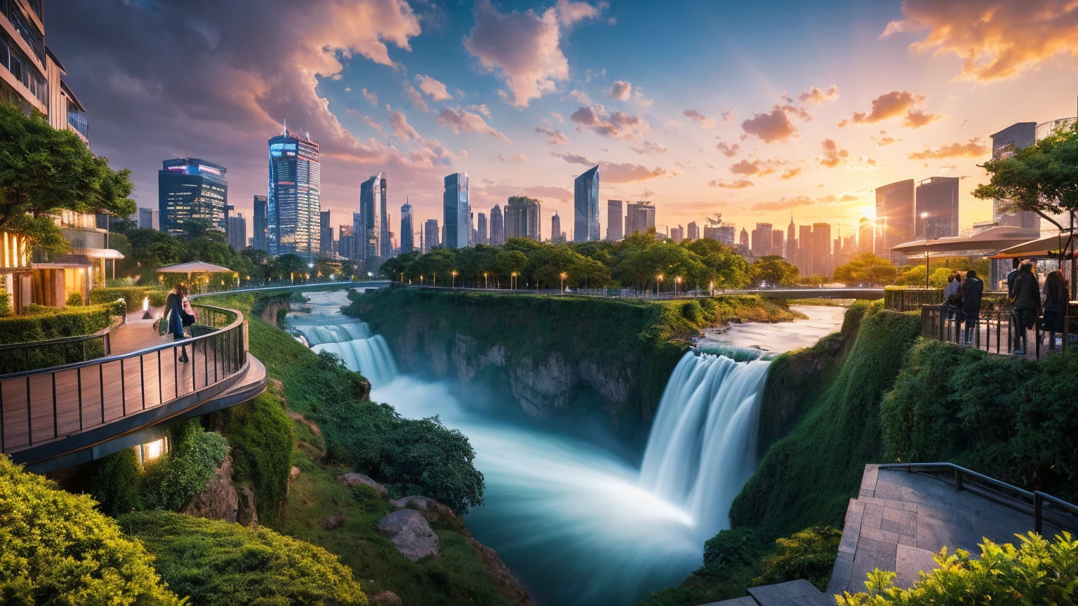 masterpiece, best quality, 16K UHD,
futuristic floating city,
contemplating the scenic beauty,
a girl in a futuristic outfit with short bobbed hair,
ultra-detailed, photo-realistic,
huge urban high-tech tablet platform,
advanced architecture blending seamlessly with nature,
surrounded by small airships and colorful lights,
transparent pathway leading to the building,
lush greenery and cascading waterfalls,
epic sunset illuminating the magnificent skyline,
sparkling river reflecting the vibrant colors,
minimalist design with harmony and sustainability,
