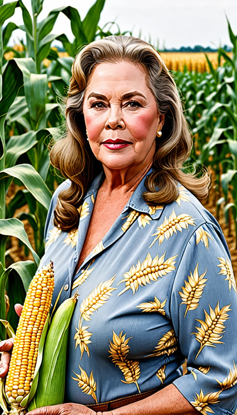American old woman 60yo , brown hair ,look like Kathleen Turner , brown eyes huge saggy tits , farmer, huge corn field