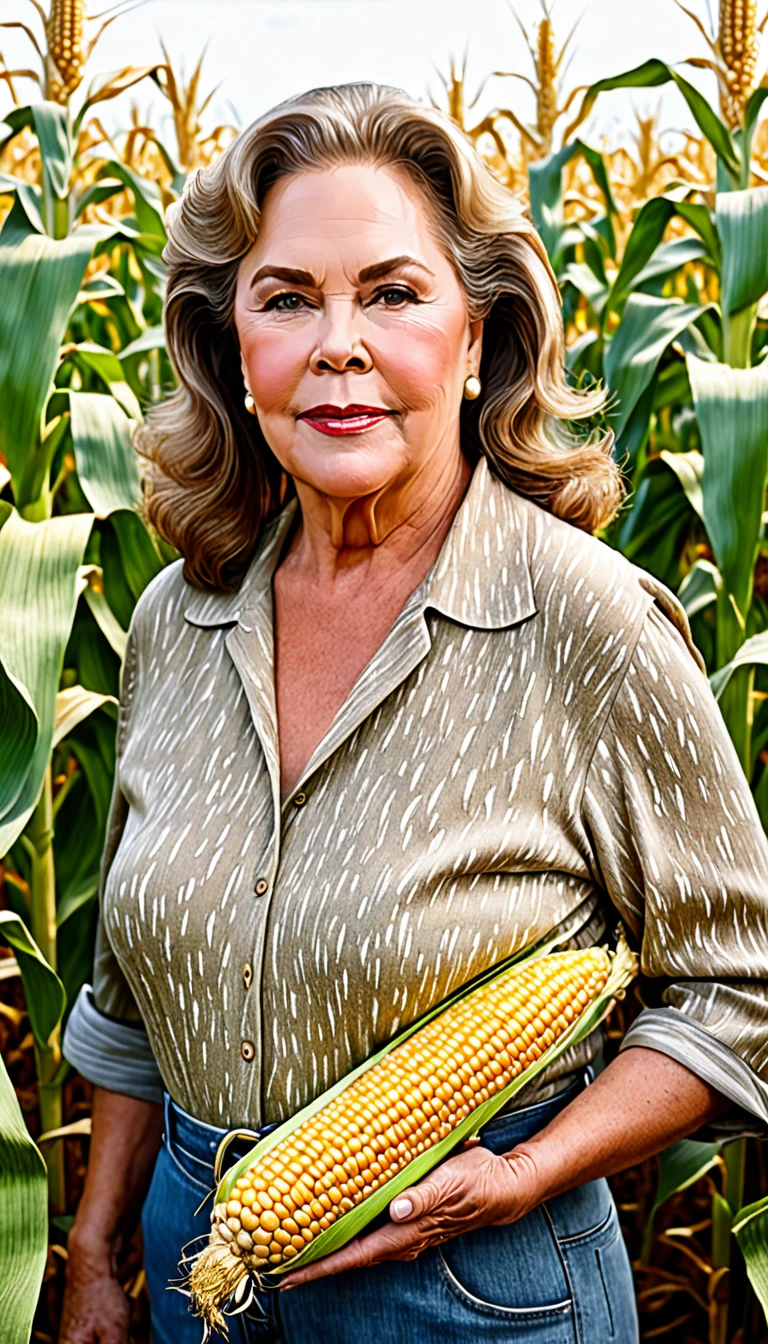 American old woman 60yo , brown hair ,look like Kathleen Turner , brown eyes huge saggy tits , farmer, huge corn field