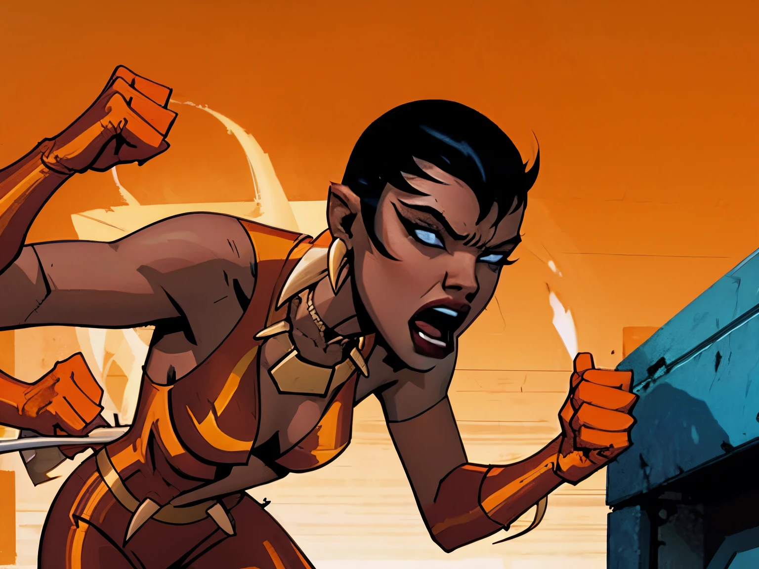 Vixen from DC comics, screaming, punching you, night time, orange gradient background