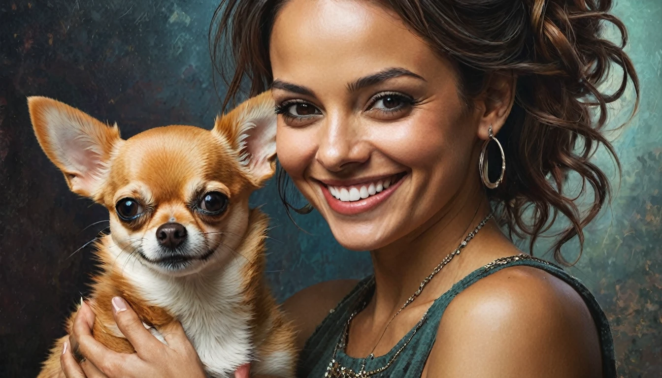half body,
a woman smile with her best friend her Chihuahua,
dark complex background, style by Thomas Kinkade+David A. Hardy+Carne Griffiths+Mandy Disher half vivid colors fine art, best quality, high detailed, detailed faces, 2d,