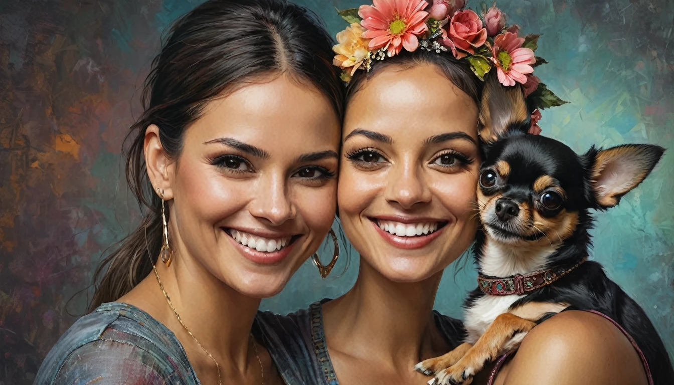 half body,
a woman smile with her best friend her Chihuahua,
dark complex background, style by Thomas Kinkade+David A. Hardy+Carne Griffiths+Mandy Disher half vivid colors fine art, best quality, high detailed, detailed faces, 2d,