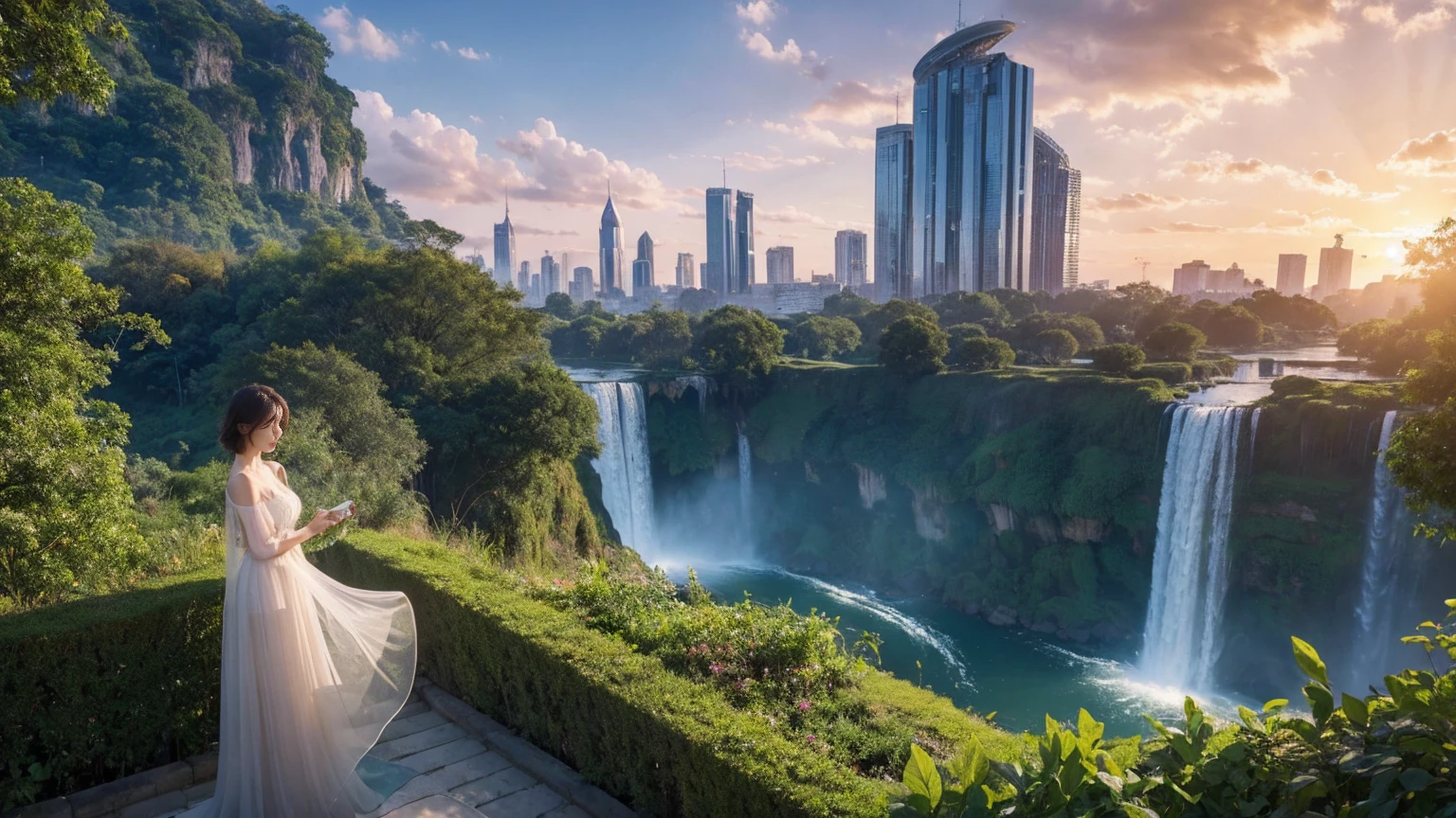 masterpiece, best quality, 16K UHD,
futuristic floating city,
contemplating the scenic beauty,
a girl in a futuristic outfit with short bobbed hair,
ultra-detailed, photo-realistic,
huge urban high-tech tablet platform,
advanced architecture blending seamlessly with nature,
surrounded by small airships and colorful lights,
transparent pathway leading to the building,
lush greenery and cascading waterfalls,
epic sunset illuminating the magnificent skyline,
sparkling river reflecting the vibrant colors,
minimalist design with harmony and sustainability,