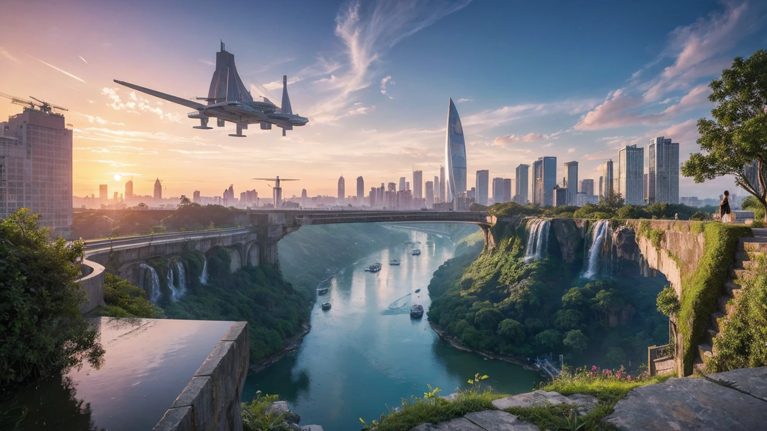 masterpiece, best quality, 16K UHD,
futuristic floating city,
contemplating the scenic beauty,
a girl in a futuristic outfit with short bobbed hair,
ultra-detailed, photo-realistic,
huge urban high-tech tablet platform,
advanced architecture blending seamlessly with nature,
surrounded by small airships and colorful lights,
transparent pathway leading to the building,
lush greenery and cascading waterfalls,
epic sunset illuminating the magnificent skyline,
sparkling river reflecting the vibrant colors,
minimalist design with harmony and sustainability,