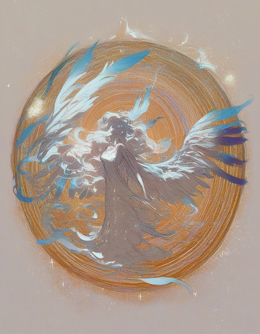 score_9, score_8_up, score_7_up, score_6_up, (sketch), Line art of an angel falling through a celestial void. The angel has flowing robes that billow around her in soft, intricate patterns. Her wings are large and majestic, with each feather carefully detailed. The background features abstract, swirling shapes and stars, giving the scene a mystical, otherworldly feel. Intricate details, ethereal lines, mystical atmosphere, celestial elements.