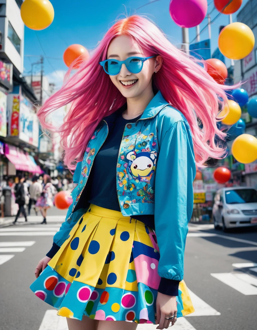 Cheerful smile, Woman wearing glasses, Bad youth , Long pink hair,Floating hair, Cinematic poster,tangle,ear piercings,soloで,a colorful,Skirt, Jacket,Harajuku wear, blue eyes, monochrome,+++,a colorful別れ, Yayoi Kusama, solo, Dynamic Poses