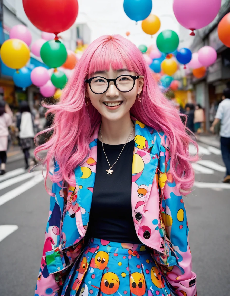 Cheerful smile, Woman wearing glasses, Bad youth , Long pink hair,Floating hair, Cinematic poster,tangle,ear piercings,soloで,a colorful,Skirt, Jacket,Harajuku wear, blue eyes, monochrome,+++,a colorful別れ, Yayoi Kusama, solo, Dynamic Poses