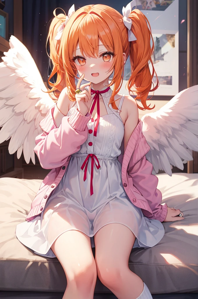 orange hair, orange eyes,girl,Pigtails with the ends tied up,laugh,No panties,light and cute,halterneck,White dress,pink cardigan,Nissocks,Angel Wings,leaking semen,spread your legs,drooling