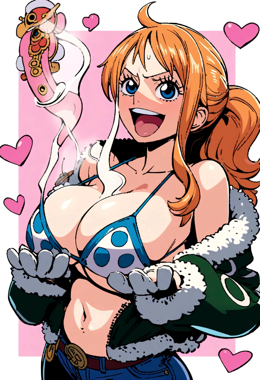 a cartoon picture of a woman in a bikini top and jeans, nami one piece, nami from one piece, nami, beautiful portrait of nami, from one piece, oppai, blue eyes, smoking, ponytail, nsfw