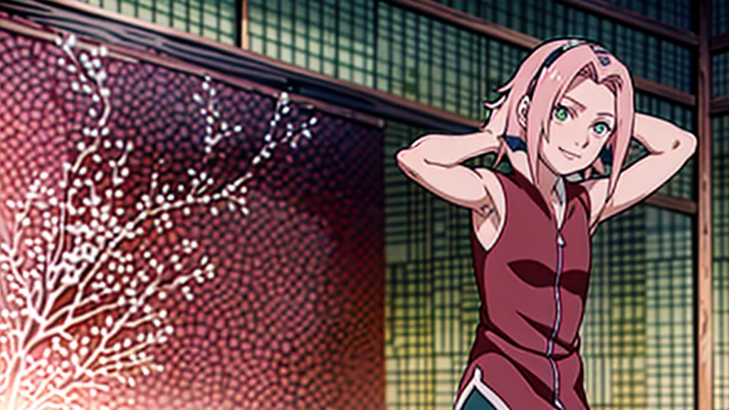 Sakura Haruno, sleeveless, Red jacket, forehead protector, symbol of konohagakure, arms behind head, armpits, showing armpits, posing, green eyes, perfect proportions, Sakura Shippuden, armpit sweat, armpit stubble, small hairy armpit, armpit stain on clothes, SMILE, beautiful