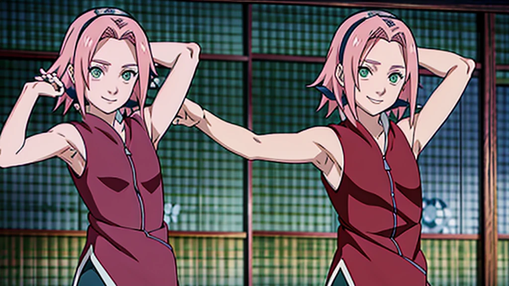 Sakura Haruno, sleeveless, Red jacket, forehead protector, symbol of konohagakure, arms behind head, armpits, showing armpits, posing, green eyes, perfect proportions, Sakura Shippuden, armpit sweat, armpit stubble, small hairy armpit, armpit stain on clothes, SMILE, beautiful