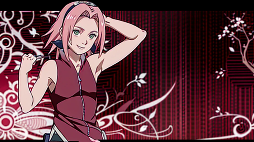 Sakura Haruno, sleeveless, Red jacket, forehead protector, symbol of konohagakure, arms behind head, armpits, showing armpits, posing, green eyes, perfect proportions, Sakura Shippuden, armpit sweat, armpit stubble, small hairy armpit, armpit stain on clothes, SMILE, beautiful, focus on upper body