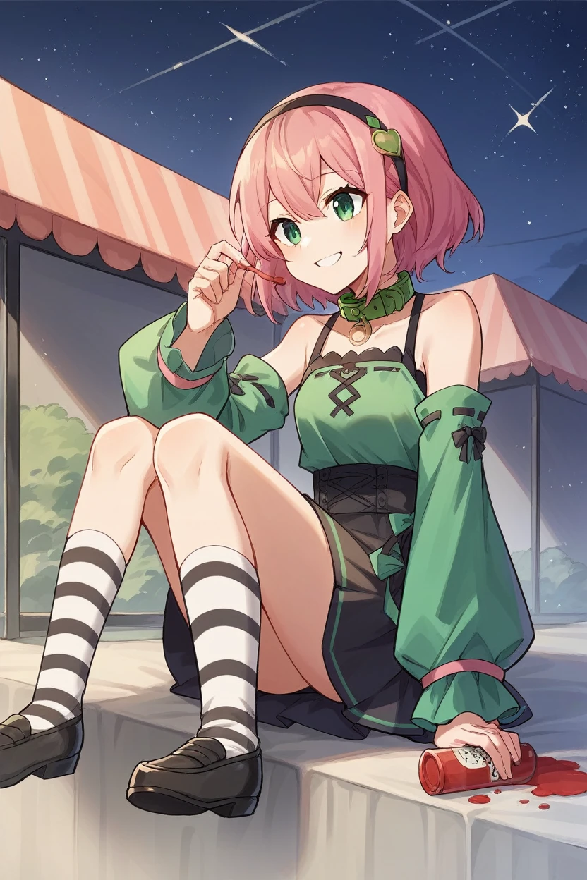 score_9, score_8_superior, sauce_anime, Blake 1girl tlrmomo, Pink Hair, hair ornaments, hair band, Black and green dress, Detachable collar, Removable sleeves, Black Skirt, Striped knee socks, Sitting, Night Sky, 屋superior, smile, I'm watching you