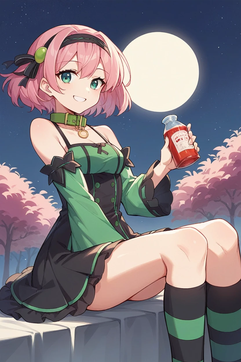 score_9, score_8_superior, sauce_anime, Blake 1girl tlrmomo, Pink Hair, hair ornaments, hair band, Black and green dress, Detachable collar, Removable sleeves, Black Skirt, Striped knee socks, Sitting, Night Sky, 屋superior, smile, I'm watching you
