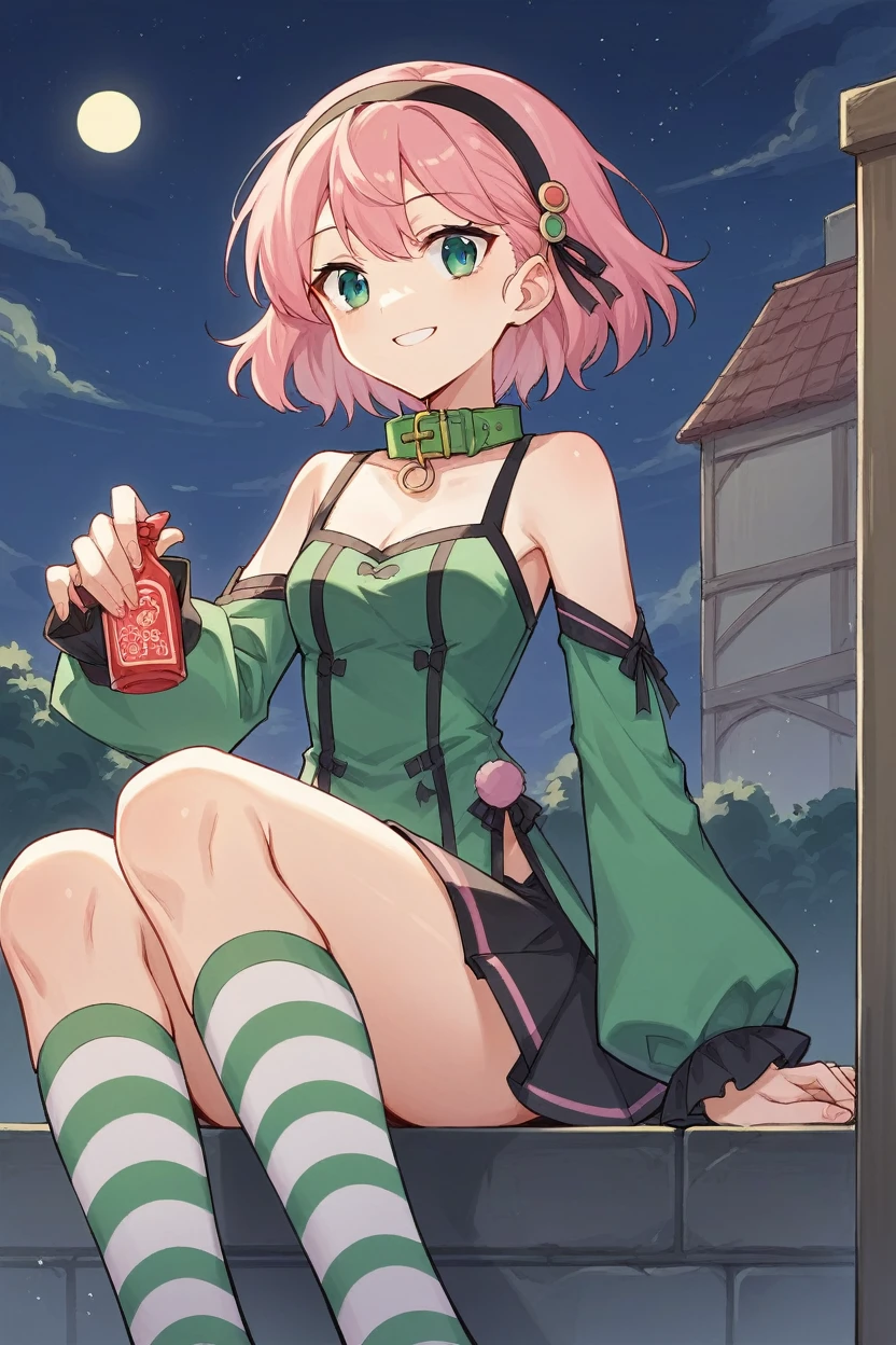 score_9, score_8_superior, sauce_anime, Blake 1girl tlrmomo, Pink Hair, hair ornaments, hair band, Black and green dress, Detachable collar, Removable sleeves, Black Skirt, Striped knee socks, Sitting, Night Sky, 屋superior, smile, I'm watching you
