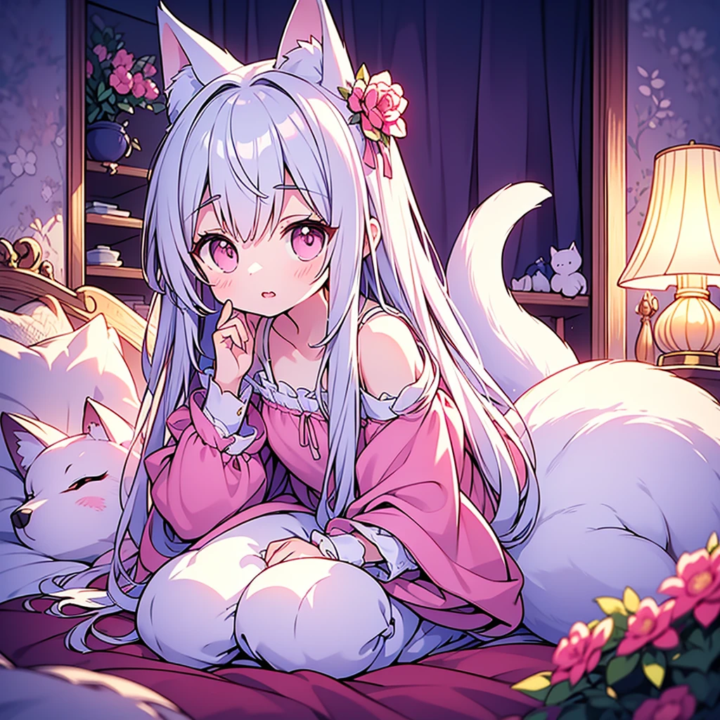 (精巧でbeautiful、A masterpiece with attention to detail, High quality and high resolution),(A cute and delicate beautiful girl illustration in mature pastel colors, clear, Balanced, 細い線で描かれた繊細でbeautiful顔.),beautiful, small, Adorable girl with fluffy fox ears, Fluffy tail, Cat-like animal eyes, High nose, He has sharp fangs、Lying sleepily with bleary eyes on a bed strewn with dark flowers。, luxury room at night.,She is wearing open-necked pajamas decorated with lace., Ruffles and ribbons, Knee-high socks decorated with lace.,(Stylish and cute girl, Wave Bob Hair, Fair skin, Short eyebrows, Pale pink cheeks, a very small nose, a mouth with small pointed fangs, Plump pink lips, beautiful動物の目, And quite large, Fluffy bust.),Vibrant and eye-catching colors,Watercolor illustration