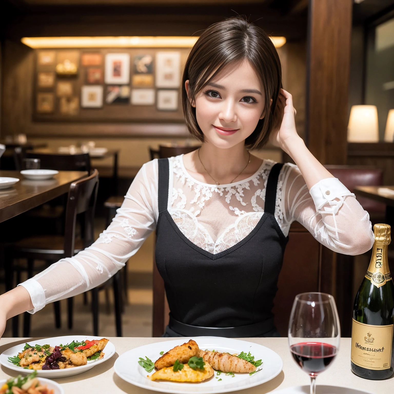 ((Highest quality、8K、masterpiece:1.3))、slimカップル、Pink rubber、modelカップル、(Realistic, Intricate details:1.2), full-course dinner、Wine Party、Amazing view of the sunset sky and clouds、A bright smile、The wonderfulness of smile、Bright image、The beauty of wine, Beautiful Face, blue eyes, The light shines on your face, Blushing, short hair,Bright Face、 (Age 37), 39 years old, red wine 、Appetizers、Italian food、Wine bottle、Champagne、sparkling wine、Two beauties、Brown Hair、Shortcuts、Long sleeve shirt、dress、Beautiful woman 1, (slimな顔), (The body is slim), (Brown Hair), (Shortcuts), cheeks turn a little red,Attractive beauty、restaurant, In a prominent place (From the waist up) Nova Frog Style, actress, model, Upper Body, White wine, slim, wine glass, 中央に置かれたwine glass, smile, (smile: 1.15), Beautiful fine grain, Depth f/2,saturation, High Contrast, Strong light and shadow,Moist Body:1.5、3D texture、Delicate eyes、Brown Hair、The hair is very shiny、