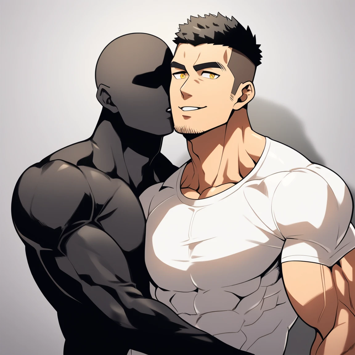 anime characters：Two superheroes in tights, Muscle Sports Student and Muscle No Face No Eyes skinhead superhero, No Face，negro black skin, They hugged and kissed each other, Bite your neck, Caress, Manliness, male focus, Yellow and black high collar long sleeve tight T-shirt, Slightly transparent material, Very tight, Round, full and perky chest muscles, Muscle waist, Slightly transparent, muscular male, muscular, only, Upper body, alone, Black short hair, Thick eyebrows, stubble, Yellow eyes, Grey background, simple background, amazing quality, best aesthetics, Ridiculous, bright pupils, crew cut, parted lips, seductive smile, torogao, naughty face, drop shadow, best quality