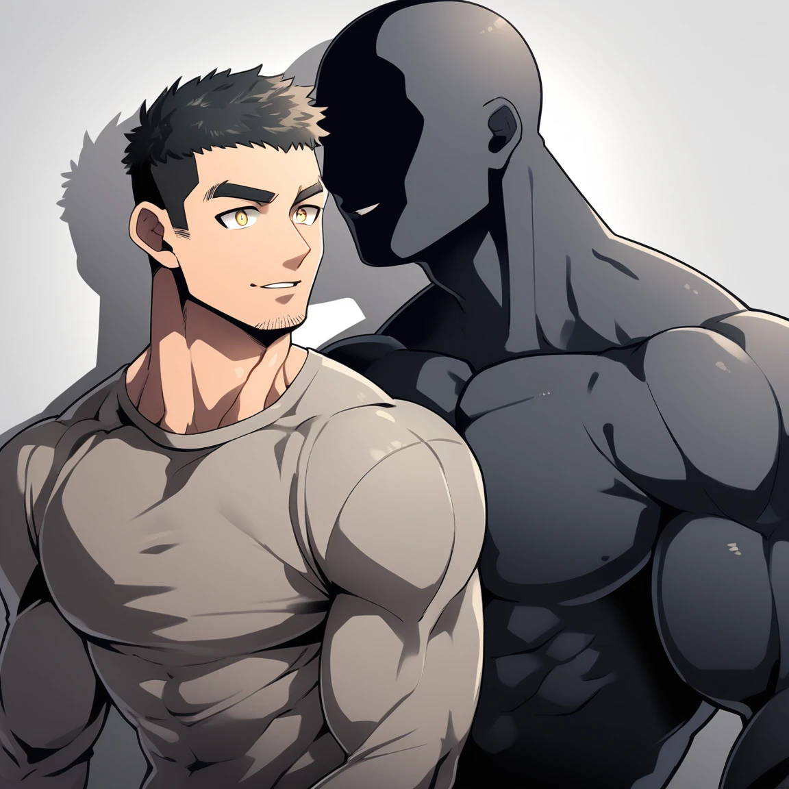 anime characters:Two superheroes in tights, Muscle Sports Student and Muscle No Face No Eyes skinhead superhero, No Face,negro black skin, They hugged and kissed each other, Bite your neck, Caress, Manliness, male focus, Yellow and black high collar long sleeve tight T-shirt, Slightly transparent material, Very tight, Round, full and perky chest muscles, Muscle waist, Slightly transparent, muscular male, muscular, only, Upper body, alone, Black short hair, Thick eyebrows, stubble, Yellow eyes, Grey background, simple background, amazing quality, best aesthetics, Ridiculous, bright pupils, crew cut, parted lips, seductive smile, torogao, naughty face, drop shadow, best quality