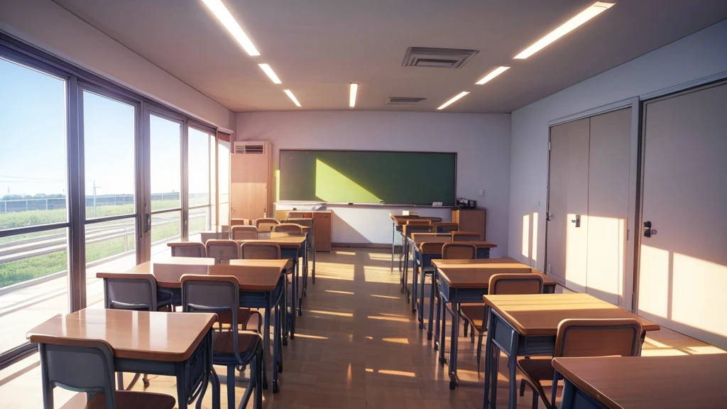 a classroom without people anime style that is morning