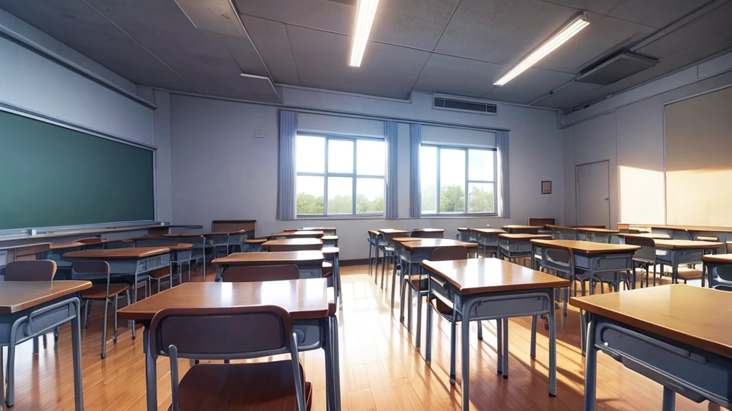a classroom without people anime style that is morning