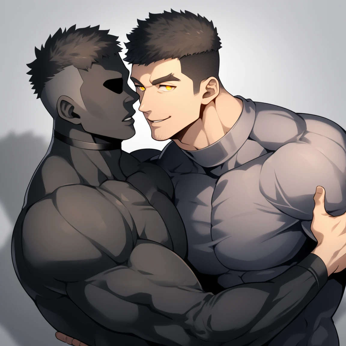 anime characters：Two superheroes in tights, Muscle Sports Student and Muscle No Face No Eyes skinhead superhero, No Face，negro black skin, They hugged and kissed each other, Bite your neck, Caress, Manliness, male focus, Yellow and black high collar long sleeve tight T-shirt, Slightly transparent material, Very tight, Round, full and perky chest muscles, Muscle waist, Slightly transparent, muscular male, muscular, only, Upper body, alone, Black short hair, Thick eyebrows, stubble, Yellow eyes, Grey background, simple background, amazing quality, best aesthetics, Ridiculous, bright pupils, crew cut, parted lips, seductive smile, torogao, naughty face, drop shadow, best quality