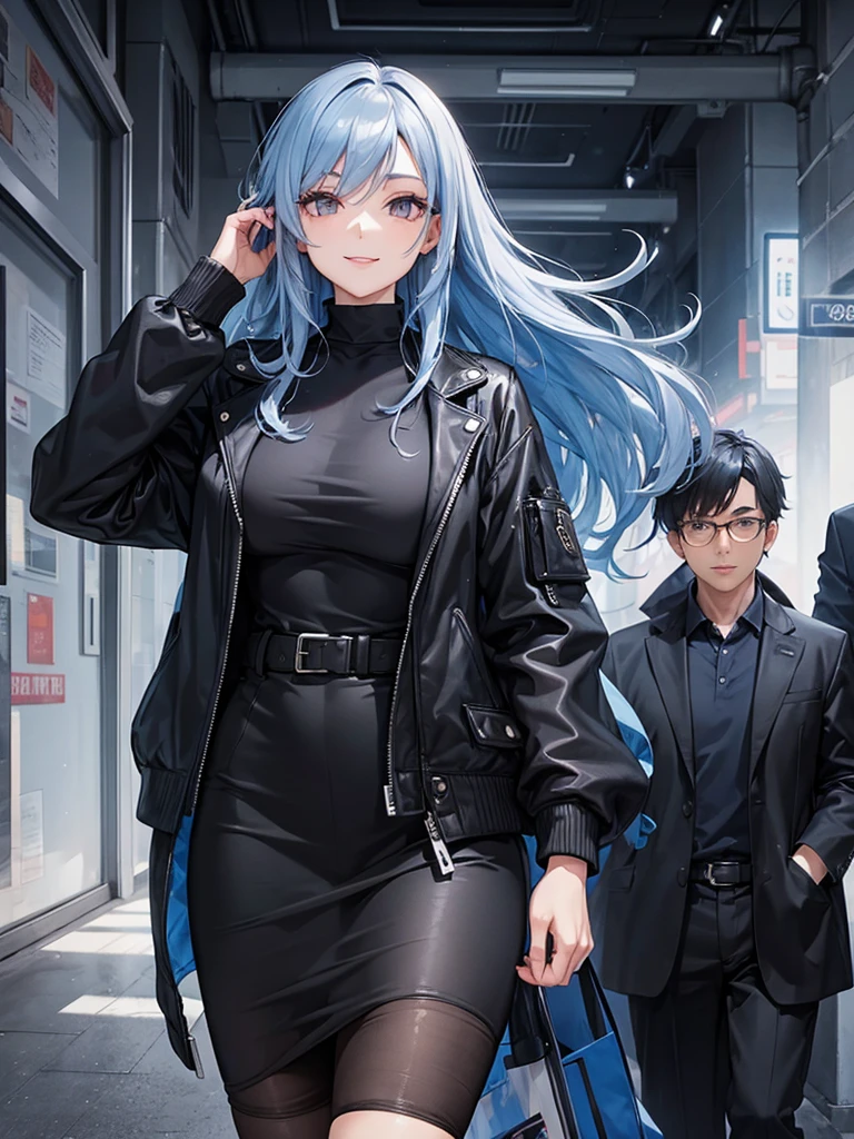 woman, long curry wavy steel blue hair, dark gray black eyes, independent woman, kind smile. mature woman. mafia. wear jacket. girl boss. doctor.