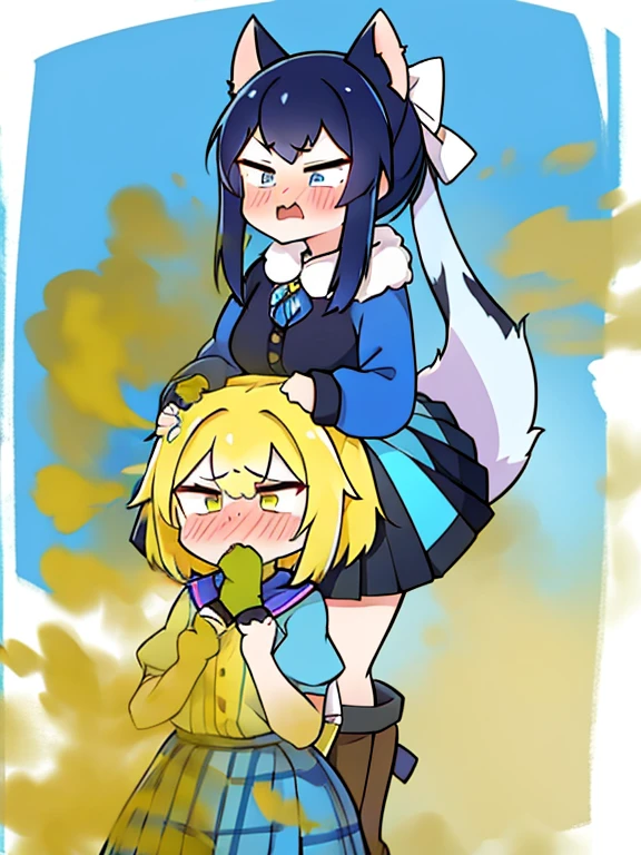 2 girls, skunk girl fart(yellow smoke) on a cat girl ,wearing blue skirt, nervous, disgust 