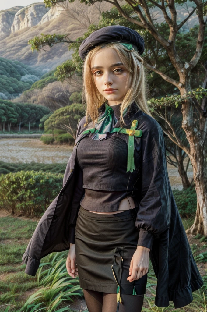 1 girl, best quality, ((Miyo)), tarankaaa, perfect face, beautiful smile, 30 years old, ((ascot, uniform, black skirt, cross, ribbon, gold blonde hair, emerald, beret, cape, pantyhose)), ((perfectly drawn hands)), perfect body, bare tree, bush, fog, forest, grass, nature, outdoors, plant, scenery, solo, standing, tree, 32k photograph, ((perfect eyes, detailed eyes,realistic eyes)), ((sharp face, detailed face, realistic face, natural skin, realistic skin, detailed skin, pores)), full body, tone mapping, asian-european, ((masterpiece)), ((highres)), ((detailed background)), japanese village background, night, big proportions,