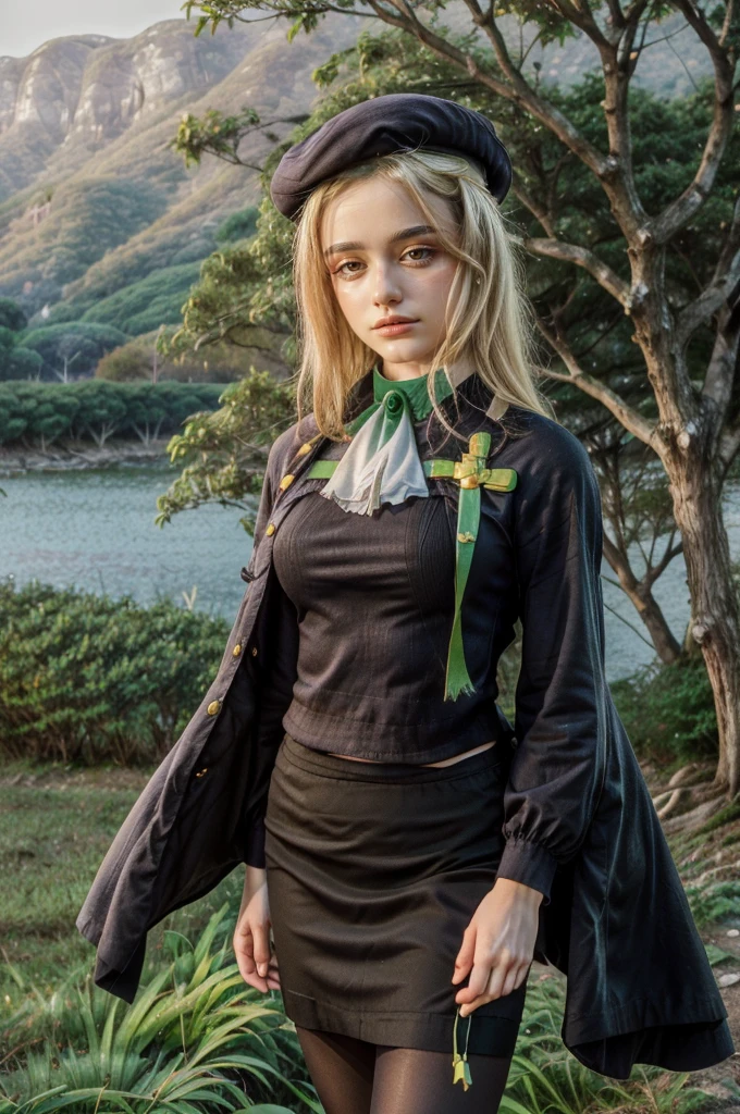 1 girl, best quality, ((Miyo)), tarankaaa, perfect face, beautiful smile, 30 years old, ((ascot, uniform, black skirt, cross, ribbon, gold blonde hair, emerald, beret, cape, pantyhose)), ((perfectly drawn hands)), perfect body, bare tree, bush, fog, forest, grass, nature, outdoors, plant, scenery, solo, standing, tree, 32k photograph, ((perfect eyes, detailed eyes,realistic eyes)), ((sharp face, detailed face, realistic face, natural skin, realistic skin, detailed skin, pores)), full body, tone mapping, asian-european, ((masterpiece)), ((highres)), ((detailed background)), japanese village background, night, big proportions,