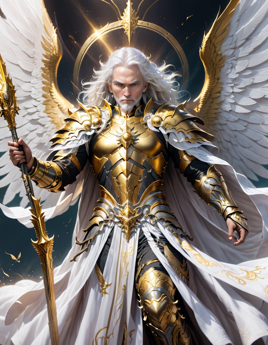 A god with golden armor. With furious wings. Fly in the sky. White hair. White beard. Men. A staff in his hand. 