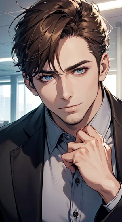 (best quality,4k,8k,highres,masterpiece:1.2),ultra-detailed,(realistic,photorealistic,photo-realistic:1.37),1 man,31 years old,mature man,very handsome,without expression,smile,short grey brown hair,blue eyes,penetrating gaze,perfect face without errors,imposing posture,businessman,office background,cinematic lighting,hdr image