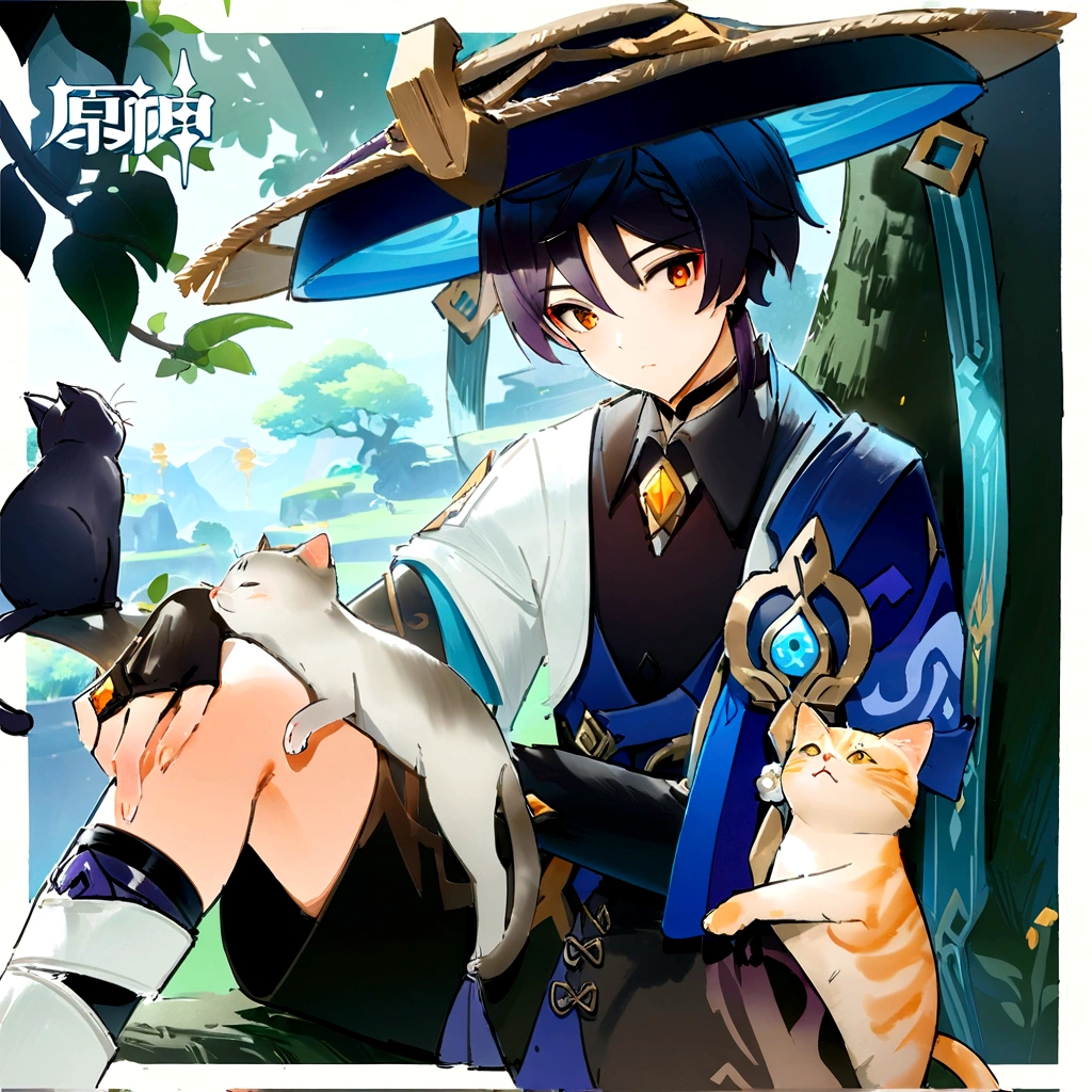 anime character with a cat and a hat sitting in front of a tree, genshin impact keqing, genshin impact zhongli, genshin, Heise Jinyao, genshin impact character, inspired by Bian Shoumin, isekai, by Yang J, Shikishi, Tsuaii, Yan, Type